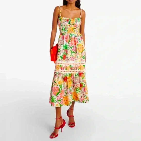 FARM Rio Dresses & Skirts - NWT FARM Rio Floral Sketch Tiered Cotton Tropical Backless Strappy Midi Dress L